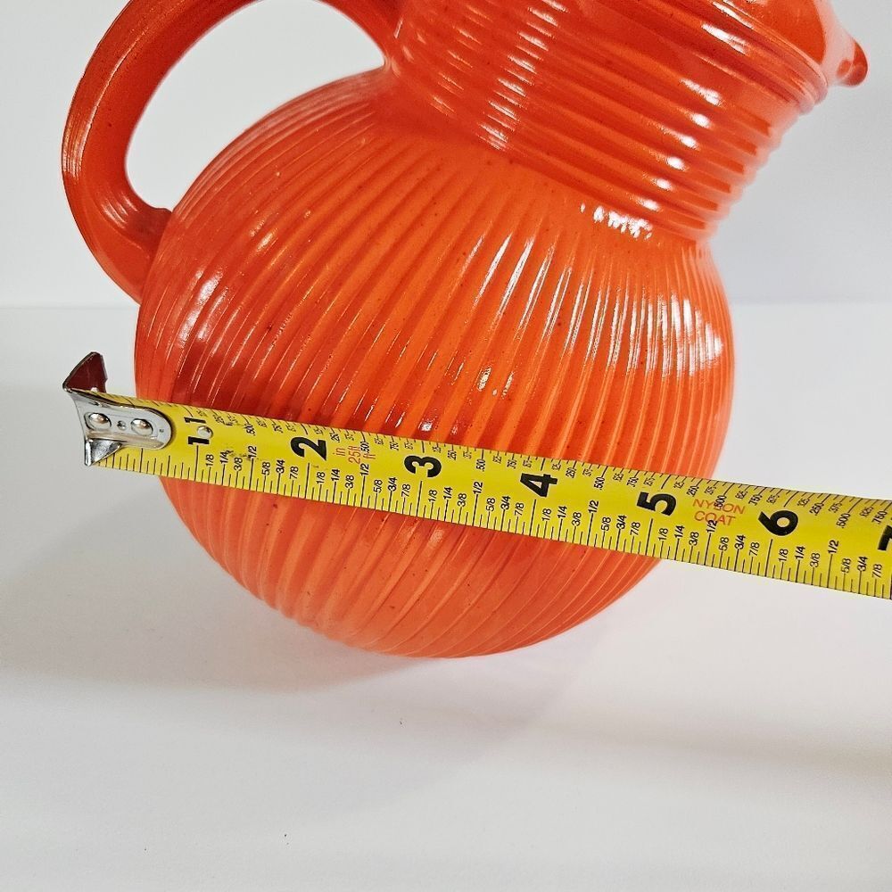 Vintage Hazel Atlas 40s-50s Fine Rib Orange Baked Glaze MCM Tilt Ball Pitcher - Picture 10 of 10